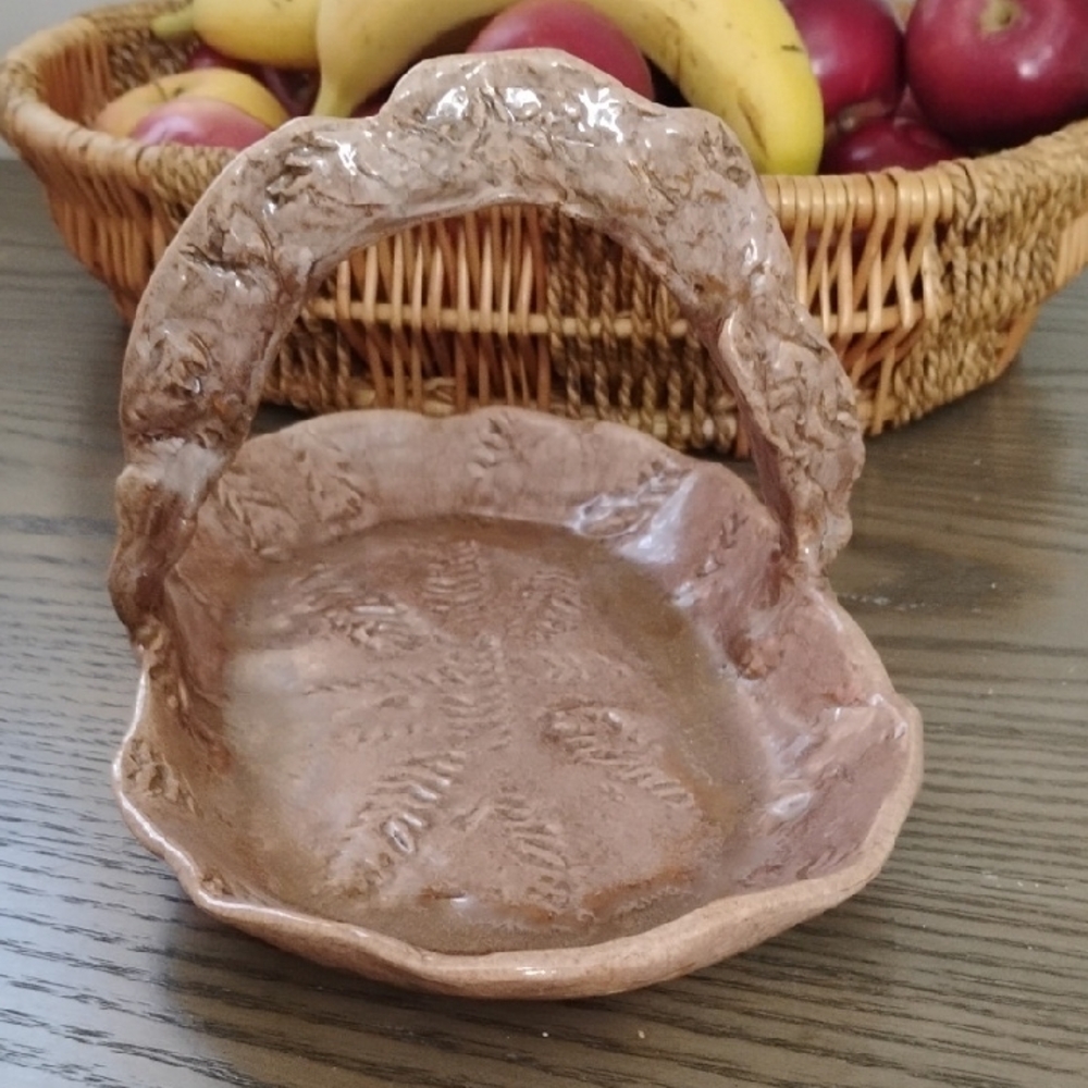Handcrafted Brown Ceramic Basket with Handle